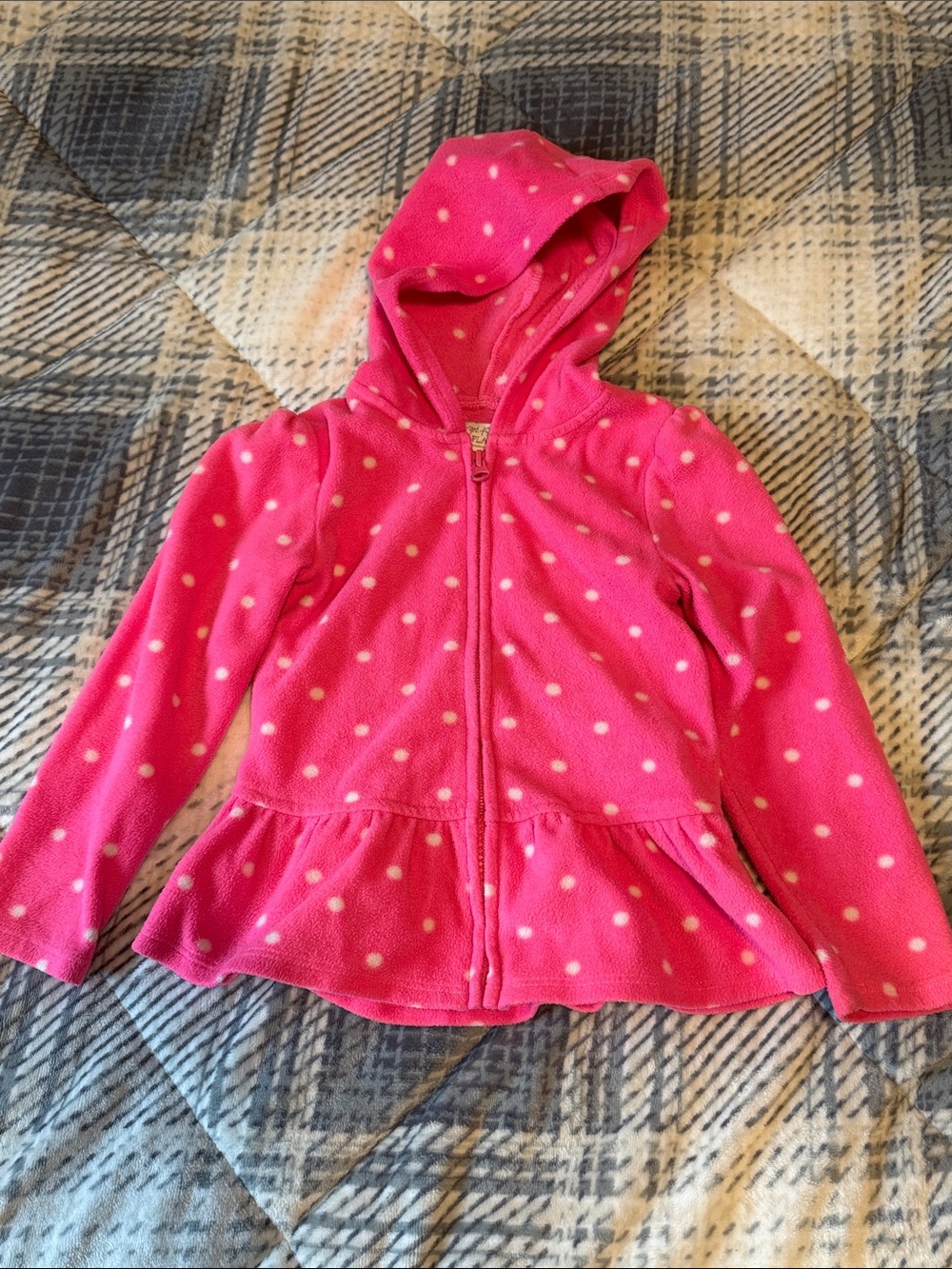 Girls' Hot Pink Polka Dot Hooded Zip-Up Peplum Fleece Sweater Top